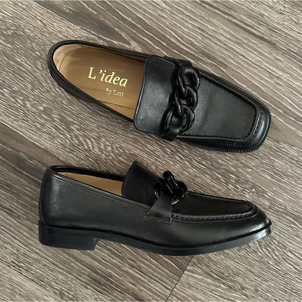 L’idea By Lori Black Leather Black Chain Loafers